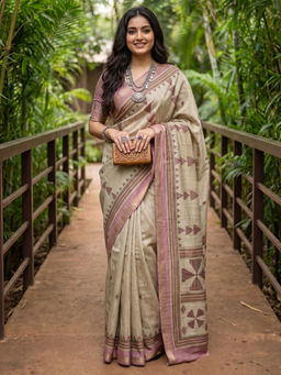 Akhilam - Women's Beige Saree With Unstitched Blouse