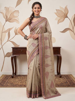Akhilam - Women Tussar Silk Printed Beige Saree With Unstitched Blouse