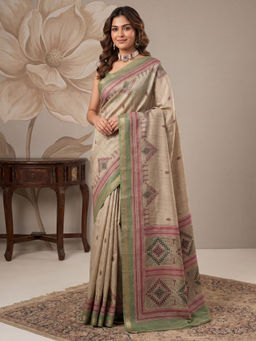Akhilam - Women Beige Saree With Unstitched Blouse