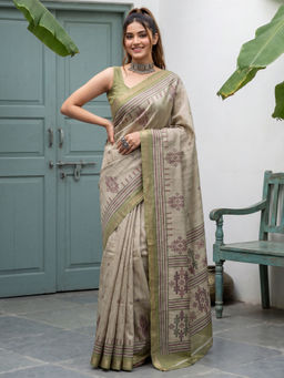 Akhilam - Women's Tussar Silk Printed Beige Saree With Unstitched Blouse