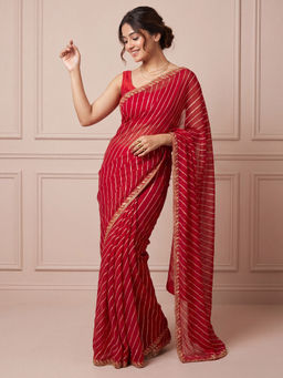 Akhilam - Women Georgette Printed Red Saree With Unstitched Blouse