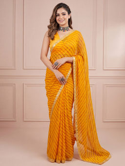 Akhilam - Women Georgette Printed Mustard Saree With Unstitched Blouse