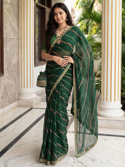 Akhilam - Georgette Printed Green Saree With Unstitched Blouse