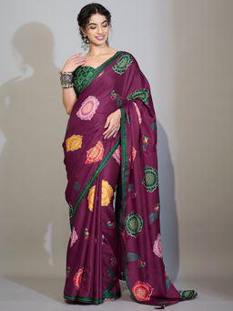 Sareemall - Women's Georgette Printed Wine Saree With Unstitched Blouse