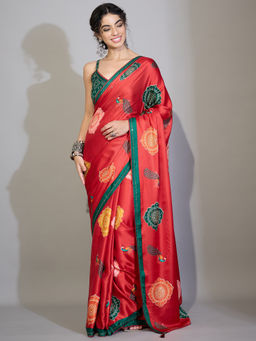 Sareemall - Women's Georgette Printed Red Saree With Unstitched Blouse