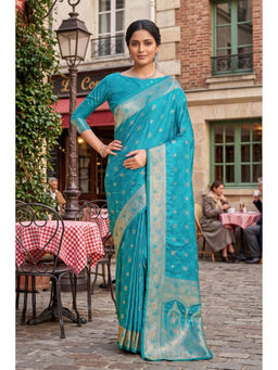 Monjolika Fashion - Women's Woven Blue Saree With Unstitched Blouse