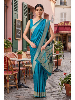 Monjolika Fashion - Women's Banarasi Silk Woven Blue Saree With Unstitched Blouse