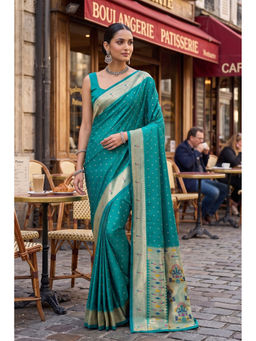 Monjolika Fashion - Women's Banarasi Silk Woven Turquoise Saree With Unstitched Blouse