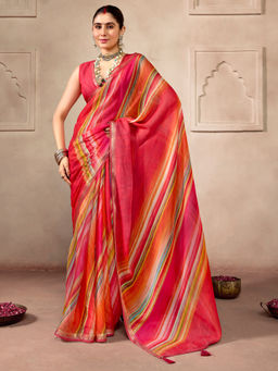 Akhilam - Women Georgette Stripes Red Saree With Unstitched Blouse