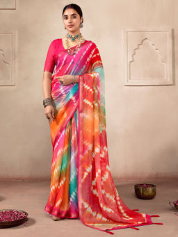 Akhilam - Women Georgette Ombre Multi-Color Saree With Unstitched Blouse