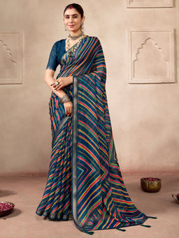Akhilam - Women's Georgette Stripes Teal Saree With Unstitched Blouse