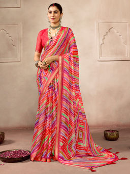 Akhilam - Women's Georgette Stripes Red Saree With Unstitched Blouse