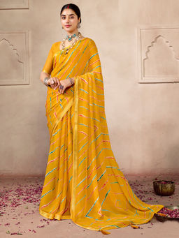 Akhilam - Women's Georgette Stripes Mustard Saree With Unstitched Blouse