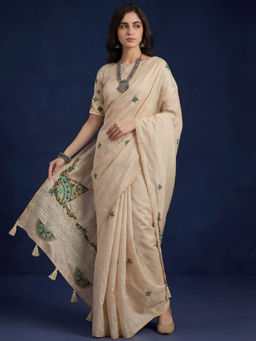 Akhilam - Women's Tussar Silk Off White Saree With Unstitched Blouse