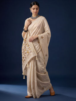 Akhilam - Women's Embroidered Off White Saree With Unstitched Blouse