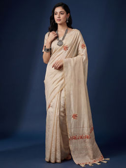 Akhilam - Women's Thread Work Embroidered Off White Saree With Unstitched Blouse