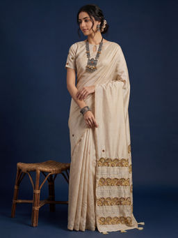 Akhilam - Women's Thread Work Off White Saree With Unstitched Blouse