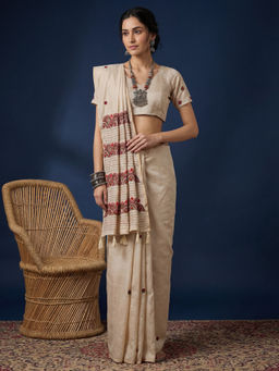 Akhilam - Women Thread Work Off White Saree With Unstitched Blouse