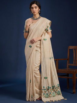 Akhilam - Women's Off White Thread Work Saree With Unstitched Blouse