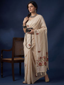 Akhilam - Women's Off White Tussar Silk Embroidered Saree With Unstitched Blouse