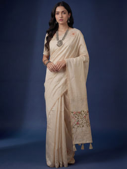 Akhilam - Women's Tussar Silk Off White Embroidered Saree With Unstitched Blouse