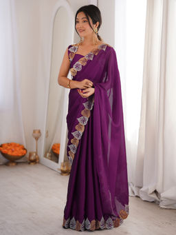 Akhilam - Women's Georgette Solid Wine Saree With Unstitched Blouse