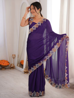 Akhilam - Women's Georgette Solid Purple Saree With Unstitched Blouse
