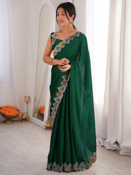 Akhilam - Women's Georgette Solid Green Saree With Unstitched Blouse