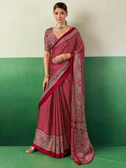 Akhilam - Women's Satin Printed Maroon Saree With Unstitched Blouse