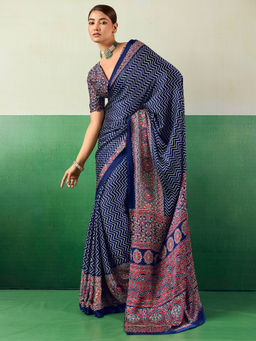 Akhilam - Women's Satin Printed Blue Saree With Unstitched Blouse