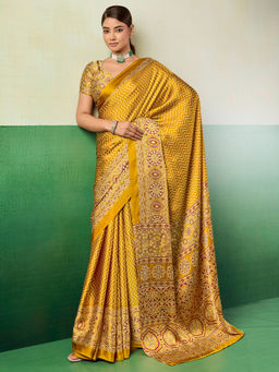 Akhilam - Women's Satin Printed Mustard Saree With Unstitched Blouse