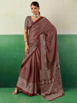 Akhilam - Women's Satin Printed Brown Saree With Unstitched Blouse