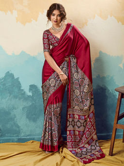 Akhilam - Women Satin Printed Maroon Saree With Unstitched Blouse