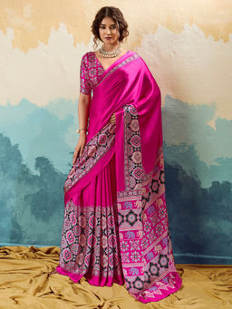Akhilam - Women's Satin Printed Magenta Saree With Unstitched Blouse