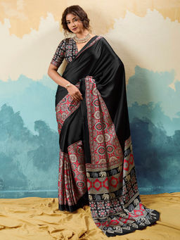 Akhilam - Women Satin Printed Black Saree With Unstitched Blouse