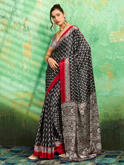 Akhilam - Women's Satin Paisley Black Saree With Unstitched Blouse
