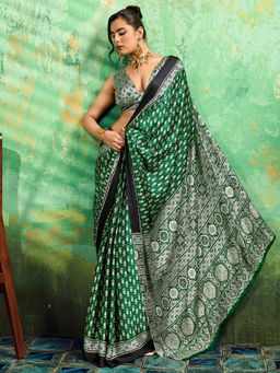 Akhilam - Women's Satin Paisley Green Saree With Unstitched Blouse