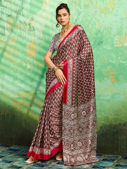 Akhilam - Women's Satin Paisley Brown Saree With Unstitched Blouse