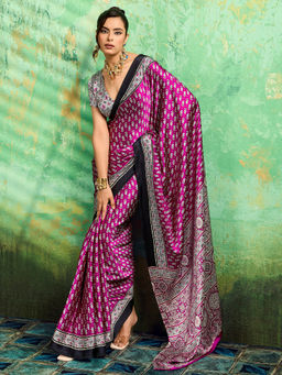 Akhilam - Women's Satin Paisley Magenta Saree With Unstitched Blouse