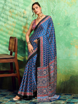 Akhilam - Women's Satin Paisley Blue Saree With Unstitched Blouse
