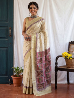 Akhilam - Women's Tissue Printed Beige Saree With Unstitched Blouse