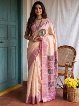 Akhilam - Women's Tissue Printed Peach Saree With Unstitched Blouse