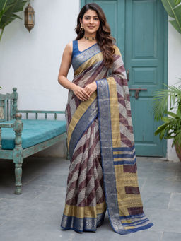 Akhilam - Women Tissue Printed Multi-Color Saree With Unstitched Blouse