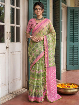 Akhilam - Women's Cotton Blend Printed Green Saree With Unstitched Blouse