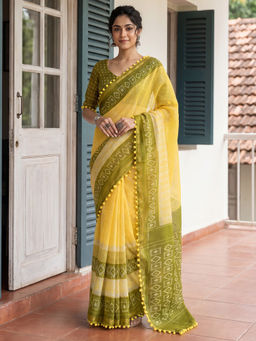 Akhilam - Women's Cotton Blend Printed Yellow Saree With Unstitched Blouse