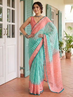 Akhilam - Women's Cotton Printed Blue Saree With Unstitched Blouse