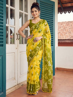 Akhilam - Women's Cotton Printed Yellow Saree With Unstitched Blouse