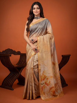 Akhilam - Women's Tussar Silk Printed Multi-Color Saree With Unstitched Blouse
