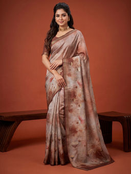 Akhilam - Women's Tussar Silk Printed Brown Saree With Unstitched Blouse