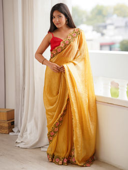 Akhilam - Women's Satin Solid Mustard Saree With Unstitched Blouse